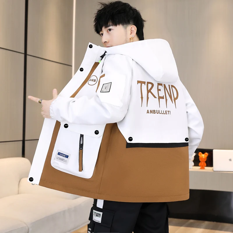 

New 2024 Men's Casual Hooded Workwear Jaet Trendy Color Blo Sle Youthful Spring Autumn Outerwear Polyester Fiber