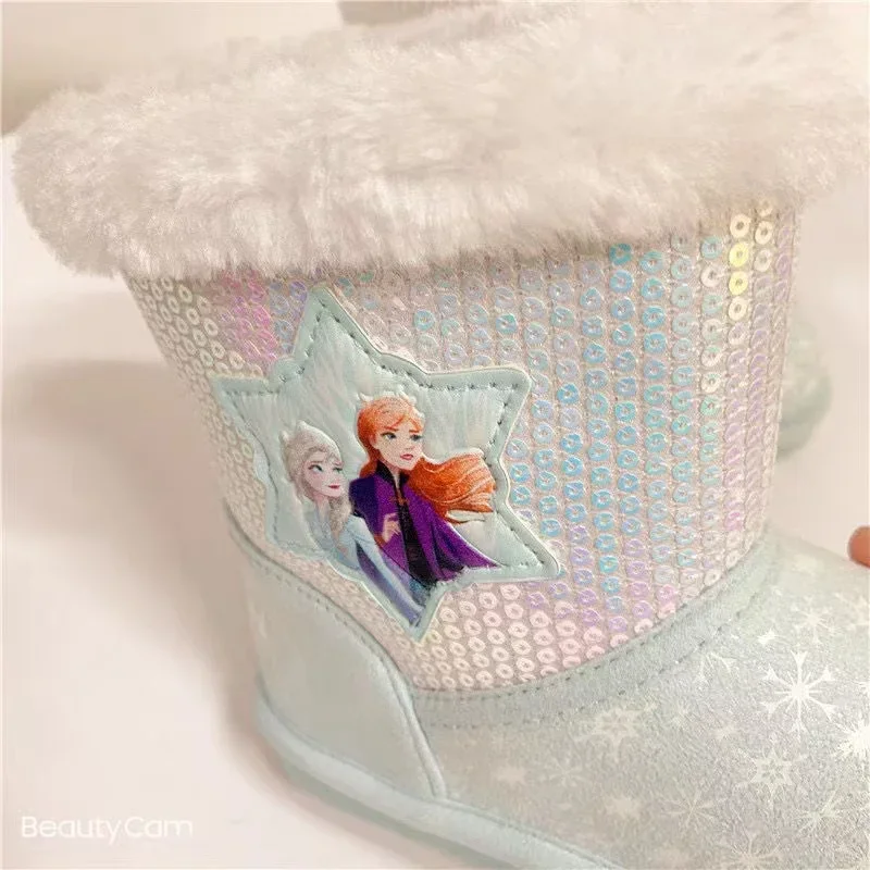 Dziecięce kapcie zimowe dziewczynek śniegowce Cartoon Frozen Elsa drukuj dziecięce bawełniane trampki niemowlęce domowe pluszowe ciepłe buty