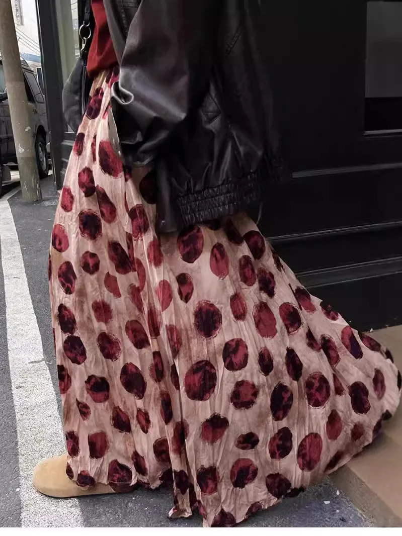 

Polka Dot Pleated Skirt Large Swing Half-length Gathered Women's Fashion Commute Style Non-stretch A-line Skirt Casual Wear