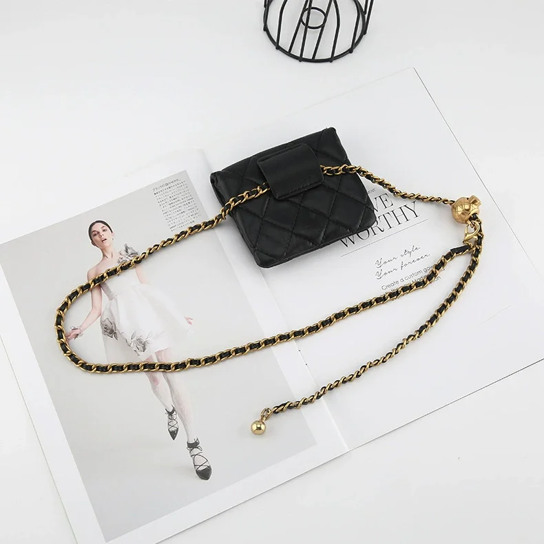 Women's PU Leather Knitted Chain Bag Corset Female Cummerbund Coat Waistband Dress Decration Narrow Belt  J930