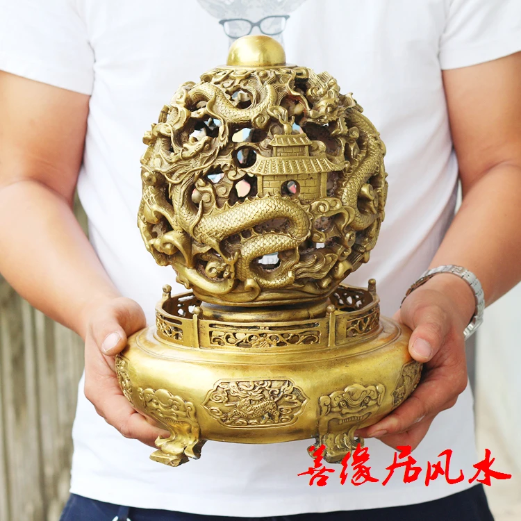 35CM  HOME office SHOP efficacious Money Drawing GOOD LUCK Mascot # 9 Dragons heaven and earth kiln FENG SHUI Brass statue