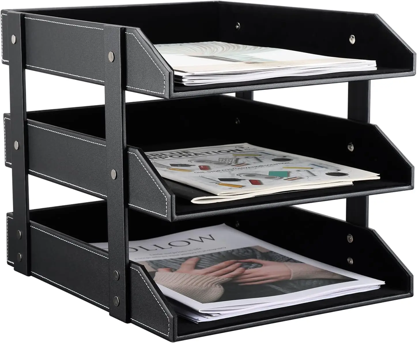 

Leather Paper Organizer Tray, Wooden Desk File Holder, Stackable Magazine Mail Sorter for Home Office - 3 Level Black