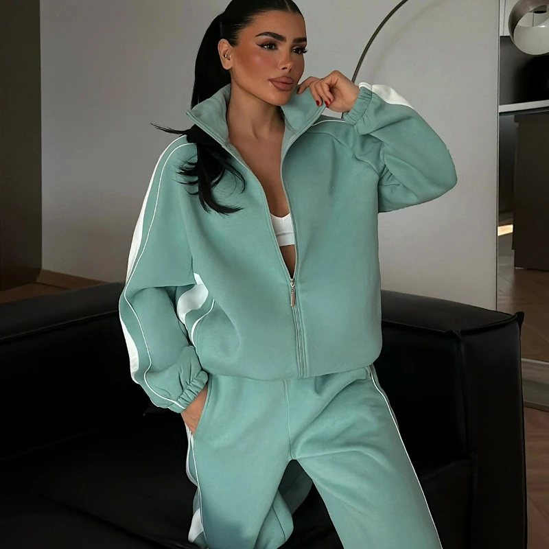 

New Fashion Line Color-matched Zipper Cardigan Trousers Two-piece Set for Women 2026 Spring Autumn Elegant Niche High-end Set