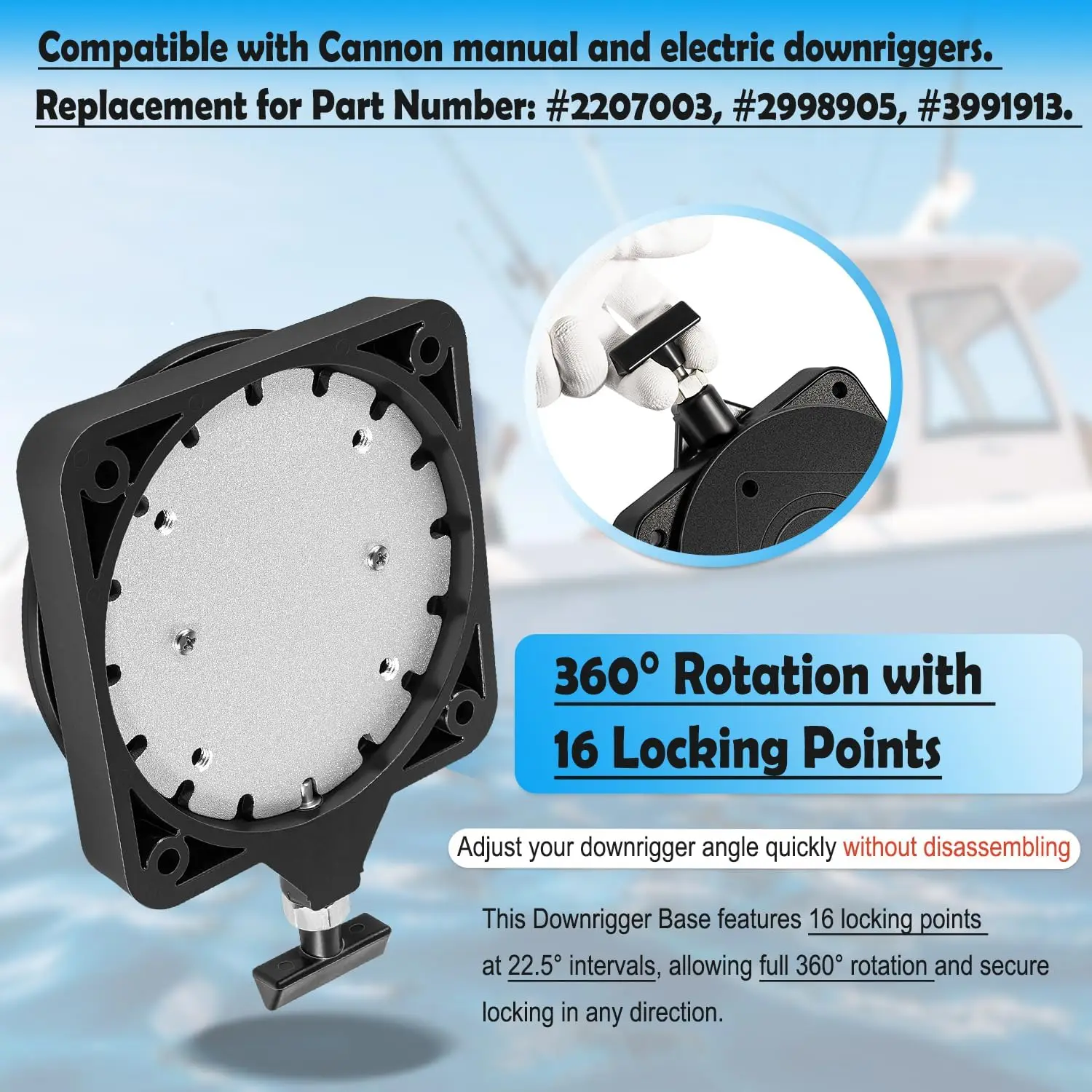 2PCS 2207003 Low-Profile Swivel Downrigger Mounting Base Compatible with Cannon Downriggers, 360° Rotating Base with 16 Locking