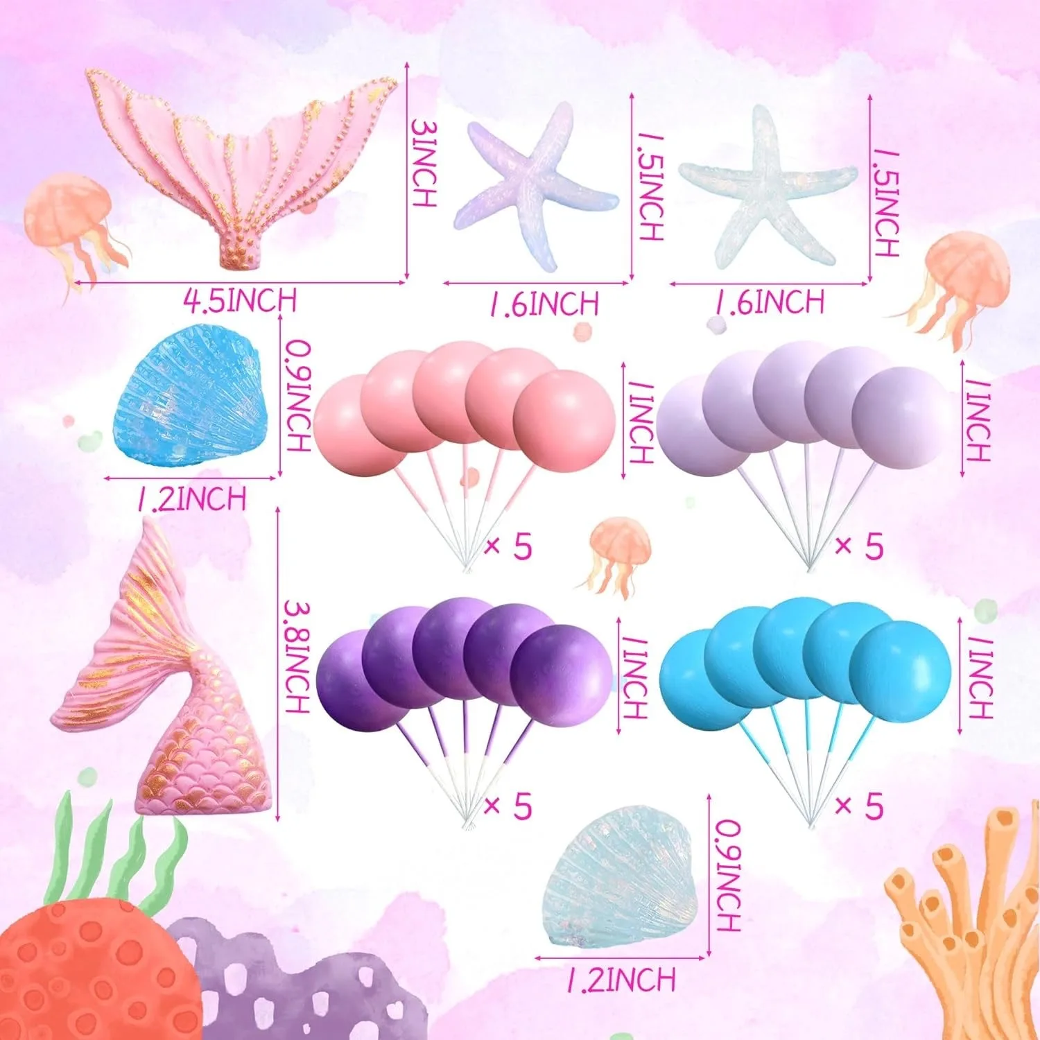 26pcs Mermaid Tail Cake Decorations Set Under The Sea Little Princess Happy Birthday Party Mermaid Theme Cupcake Toppers