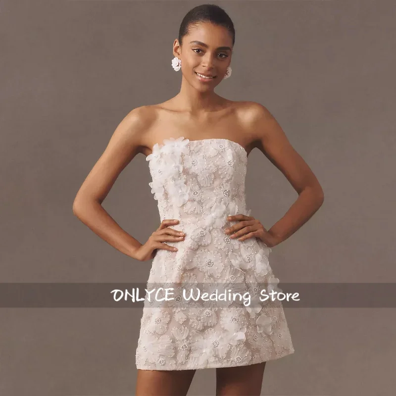 A Line Short Bead Embroidery Lace Wedding Dress Sleeveless Sexy Strapless Bridal Gown Customized Robe de mariée