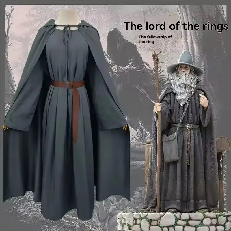 Disfraz de Gandalf el Mago de Anime, disfraz de Hobbit, mono largo gris con sombrero y cinturón, disfraz de Halloween para hombre