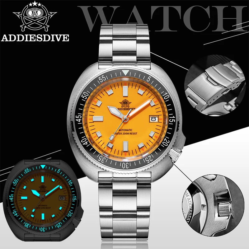 ADDIESDIVE Sapphire Glass Black Ceramic Bezel Automatic Mechanical Watches 200m Waterproof Luminous NH35 Men's Dive Watch AD2081