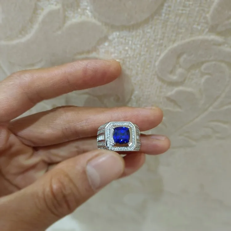 Men's ring with blue corundum Royal Sapphire fixed circle available US size 7-8-9-10