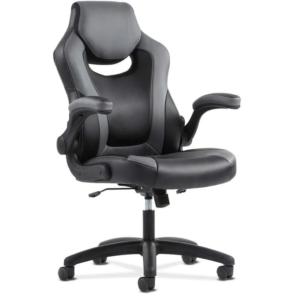 

Racing Gaming Chair- Flip-Up Arms, Black and Gray Leather, Adjustable Hight Swivel Computer Chairs, Ergonomic Gaming Chair