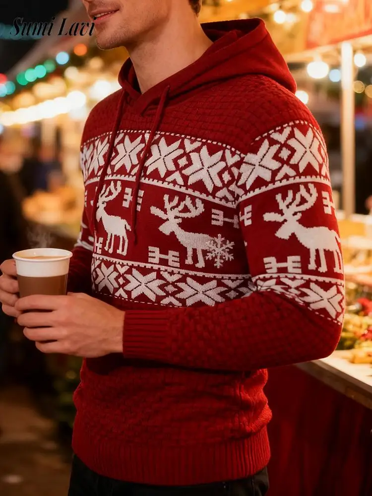 

Vintage Graphic Crochet Sweater Mens Hooded Jumper Tops Autumn Winter Christmas Style Sweaters Men Casual Slim Knitted Hoodies