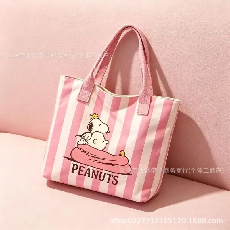 Snoopy Striped Canvas Tote Bag Cartoon Printed Single Shoulder Handbag Large Capacity Reusable Shopping Bag Storage Bag