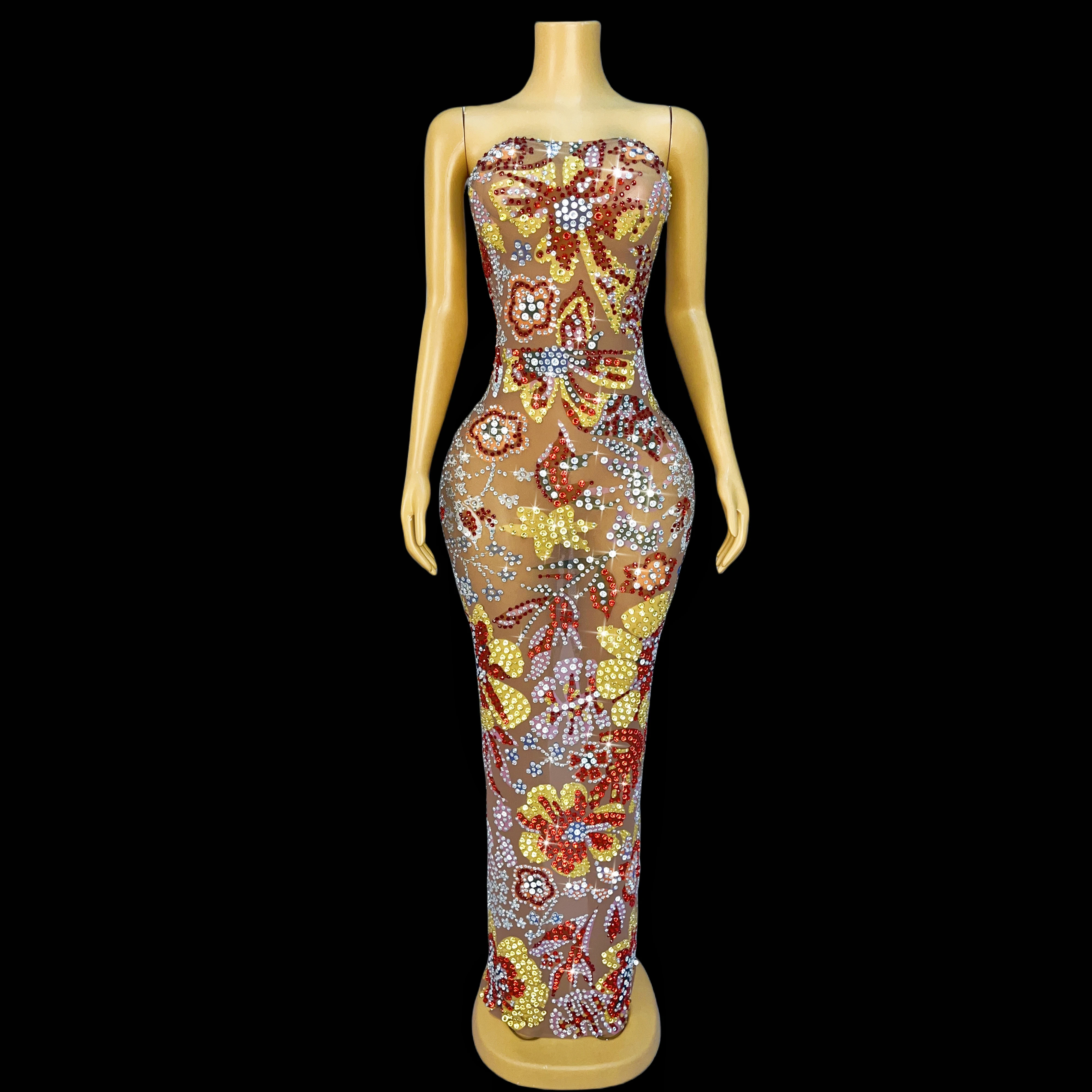 

Sexy floral multicolor rhinestone tube maxi dress ladies birthday party celebration costume film festival party wearbaihuaqifang