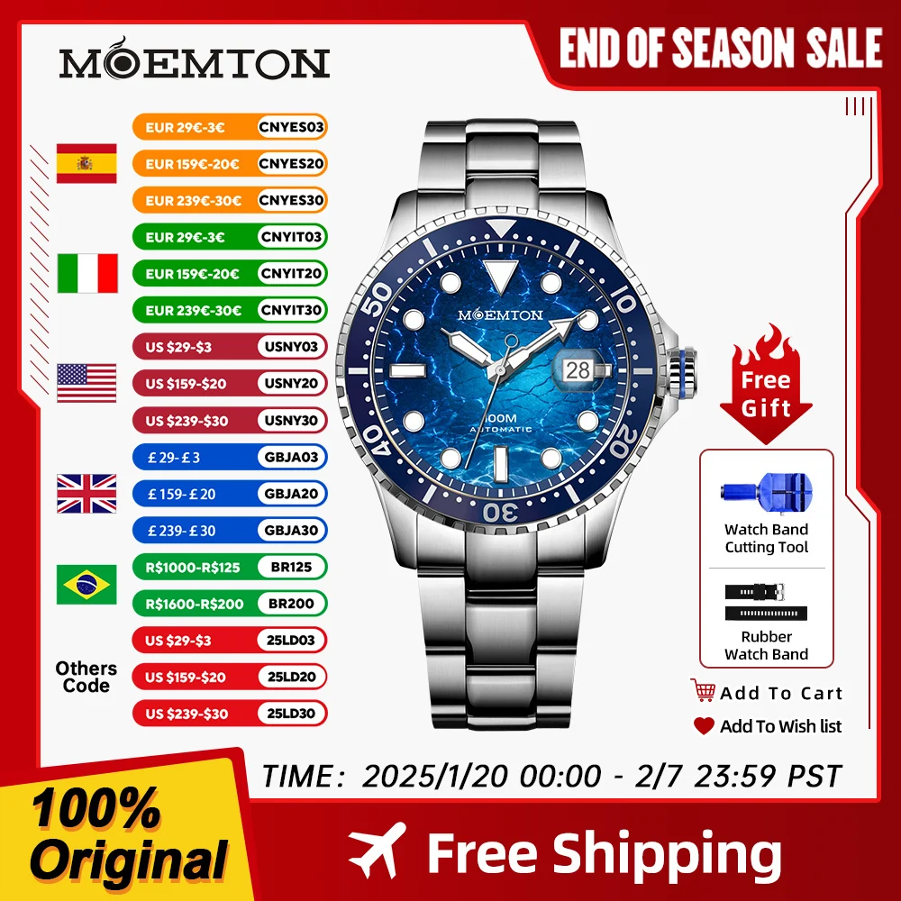 

MOEMTON Automatic Mechanical watch 10bar waterproof Sapphire Glass Luminous sports watch Japanese movement Men's watch