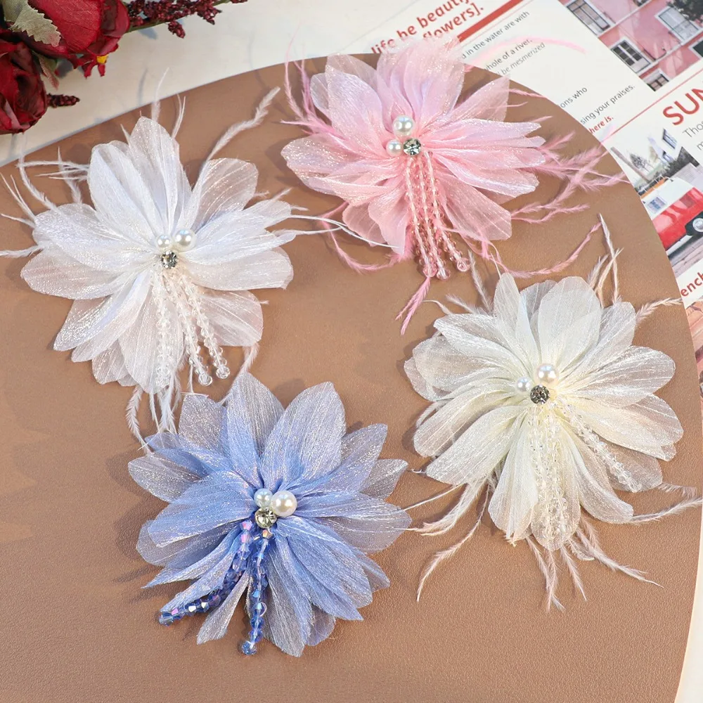 Organza Flower Accessories Crystal Tassel Detail Flower DIY Headdress Part Glitter Crystal Inlay Craft Embellishment Handcraft