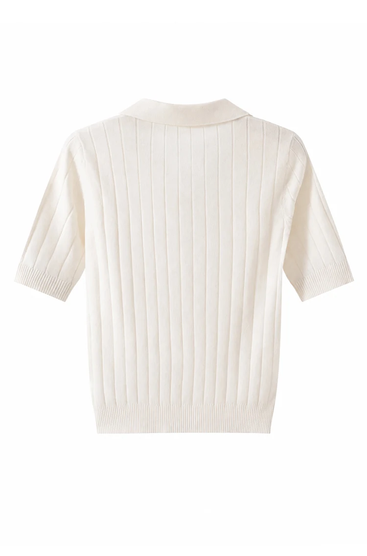 MZ62056 Damen-Pullover mit Polokragen, offenem V-Ausschnitt, kurzen Ärmeln, geripptem Strick, einfarbig, weiche Modal-Mischung, lässiges Oberteil für den frühen Herbst. – Detail 15