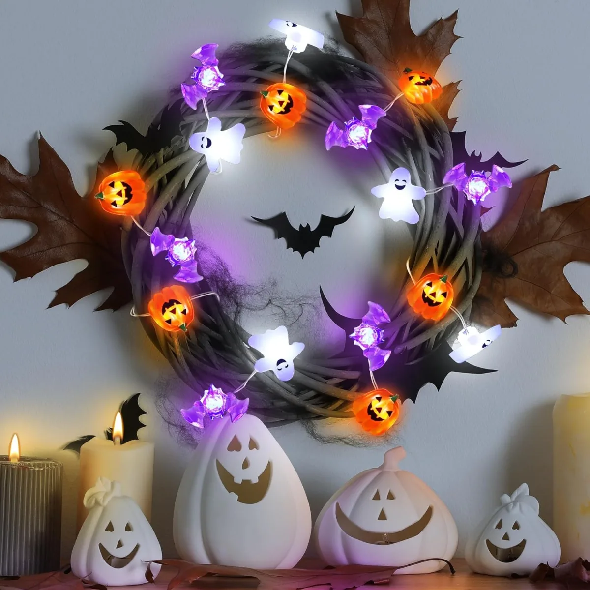 1pc 20/30 LED Halloween Kupferdraht Lichterkette mit Mini Ghost Kürbis Fledermaus wasserdichte Fee Atmosphäre Lampe batterie betrieben – Detail 7
