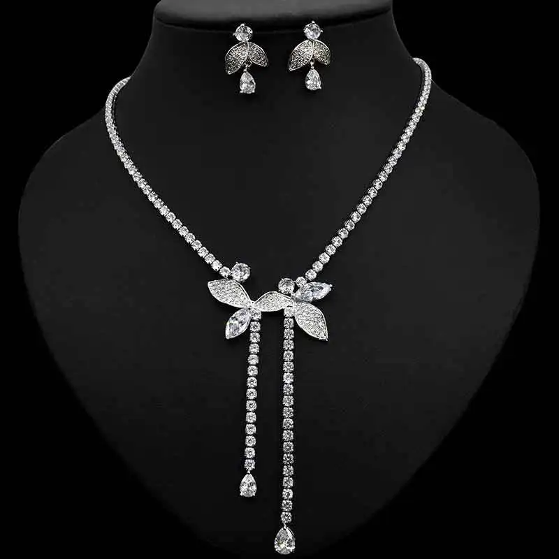 FXLRY Elegant Cubic Zirconia Leaf Water Drop Necklace And Earring For Women Wedding Dinner Party Jewelry Set