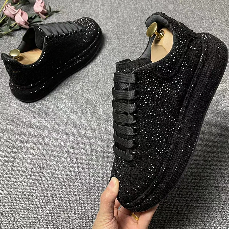 mens luxury fashion punk hip hop rhinestone shoes lace-up flat shoe black trendy platform sneakers youth personality footwear