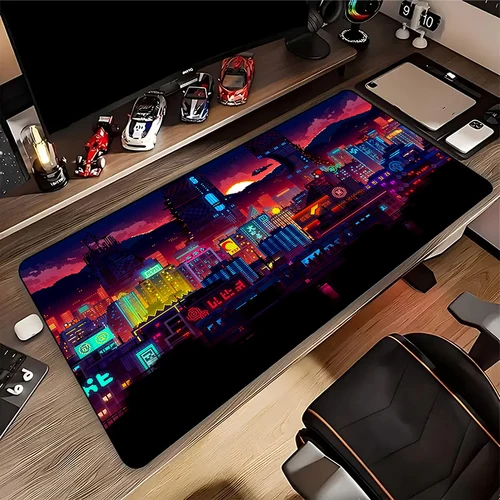 Imagen 2 del producto Alfombrilla de ratón Neon City, alfombrilla de ratón grande de píxeles, alfombrilla de ratón XXL, configuración de accesorios para juegos, alfombrilla de ratón de goma para empresa, alfombrillas de escritorio
