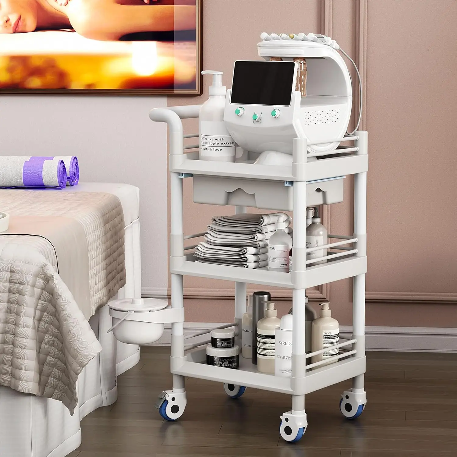 รถเข็นทางการแพทย์ รถเข็นอเนกประสงค์ทางการแพทย์แบบกลิ้ง 3 ชั้นพร้อมถังสกปรกและลิ้นชัก Heavy Duty Er Spa Beauty Salon Wax