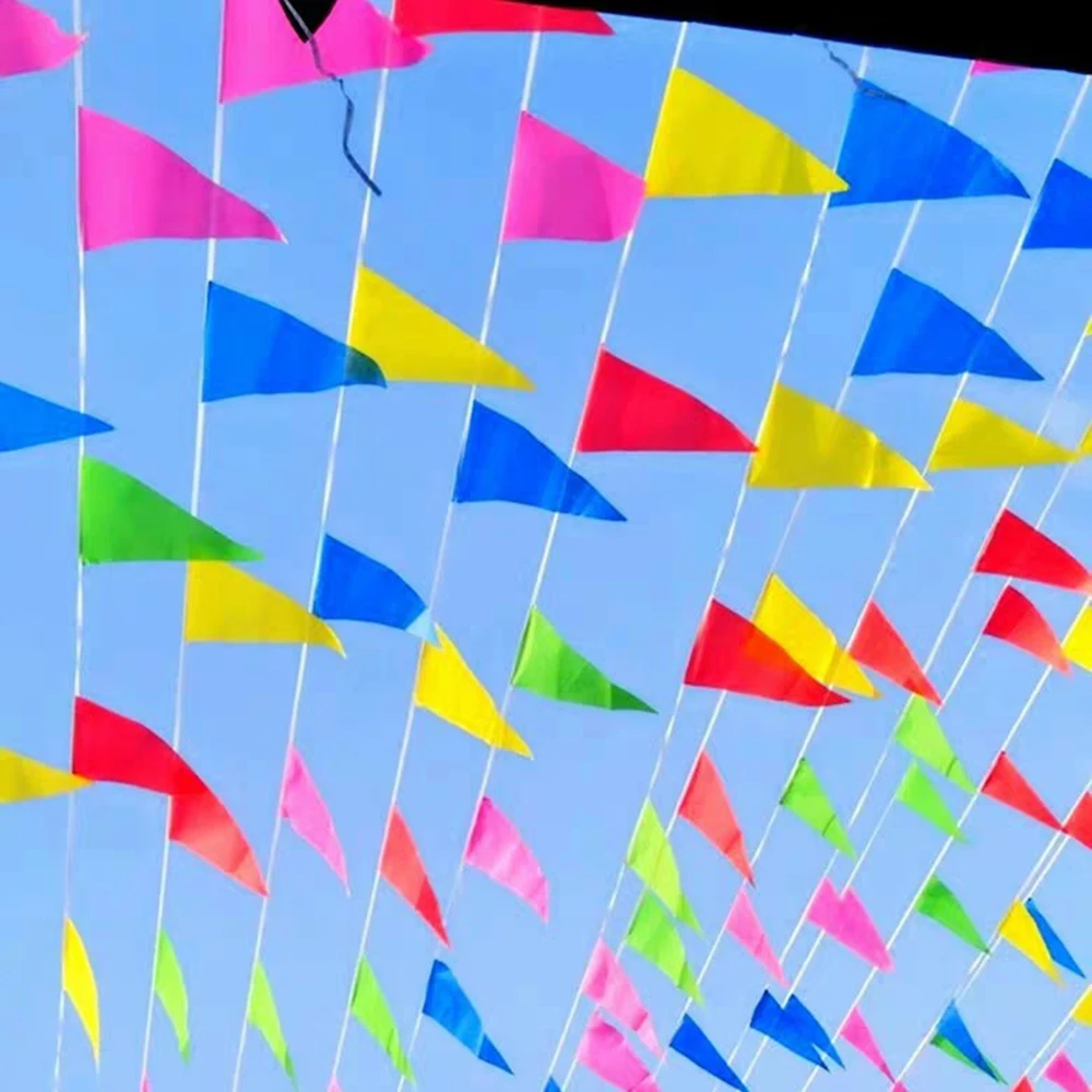 100 peças bandeiras coloridas bandeiras de corda triangular, celebração de festival de abertura ao ar livre, festa de corda espessada de casamento