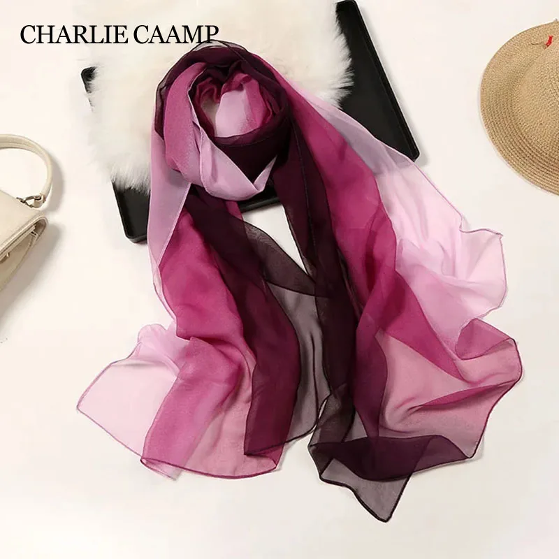 

70*180CM Gradient Thin Silk Scarf Women Elegant Bandana Chiffon Georgette Femme Long Shawl Wraps Head Foulard Fashion Lady Hijab