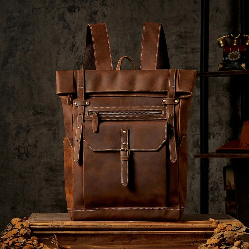 

Simple Nature New Arrive Genuine Cowhide Leather Backpack Men's Vintage Business Shoulder Bag Large Capacity Computer