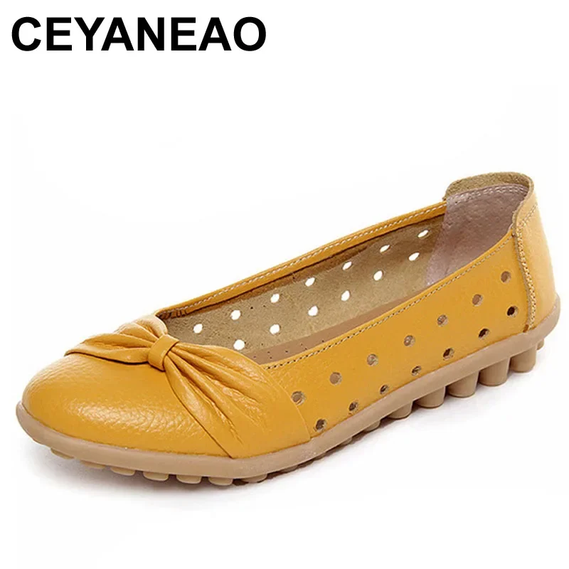 CEYANEAO ฤดูใบไม้ผลิฤดูร้อนแฟชั่นผู้หญิงรองเท้าหนังแฟชั่น Bowknot Hollow Breathable Casual รองเท้าแบน Slip - on นวด C048