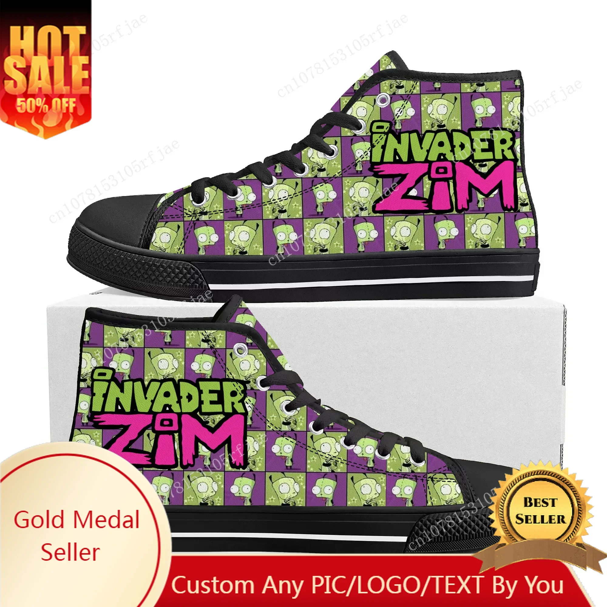 

Hot Animation Invader High Top Sneakers Cartoon Zim Mens Womens Teenager High Quality Canvas Sneaker Custom Built Couple Shoes