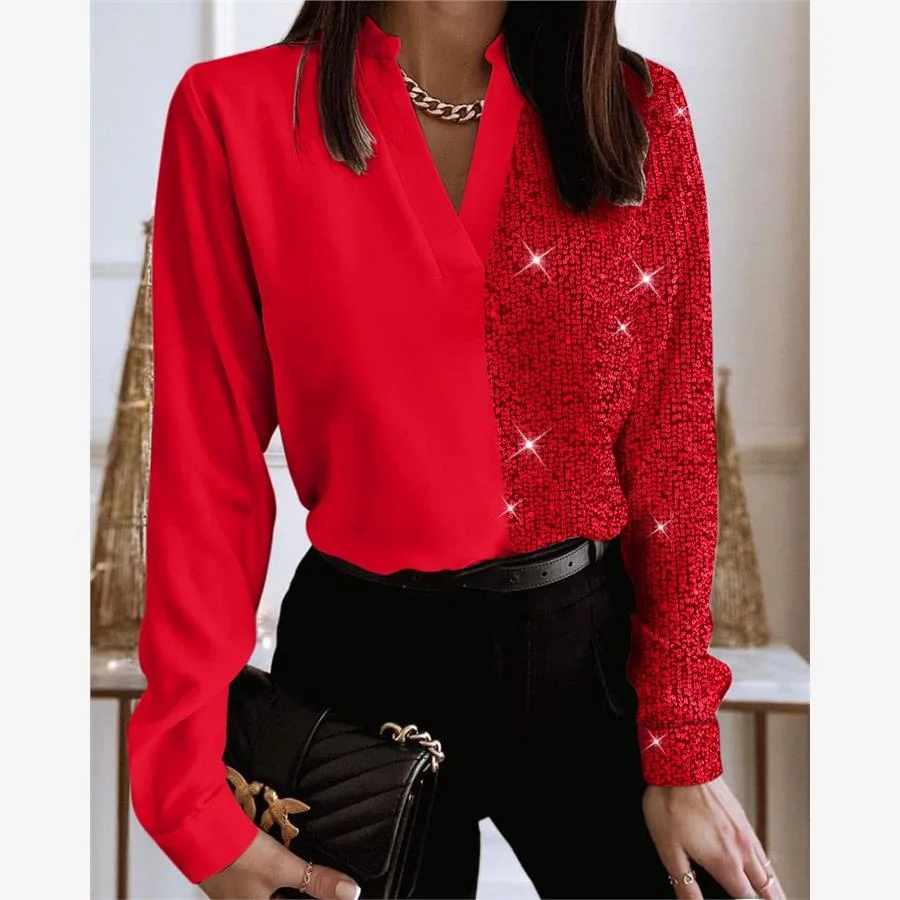 Długa damska sukienka z cekinami, patchworkowa, błyszcząca, w stylu streetwear, z dekoltem w serek, luźny krój, poliester, codzienna, modna sukienka.