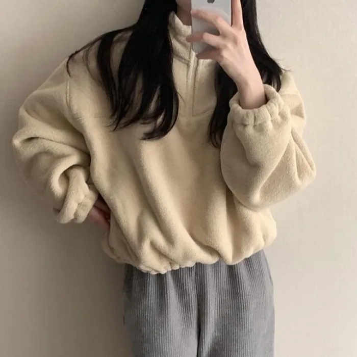 เสื้อฮู้ดดี้โอเวอร์ไซส์สุดชิคสำหรับผู้หญิง สไตล์ลำลอง ใส่ได้ทั้งฤดูใบไม้ร่วงและฤดูหนาว สีพื้นเรียบๆ ซิปหน้า คอเล็ก ทรงสวมใส่สบาย