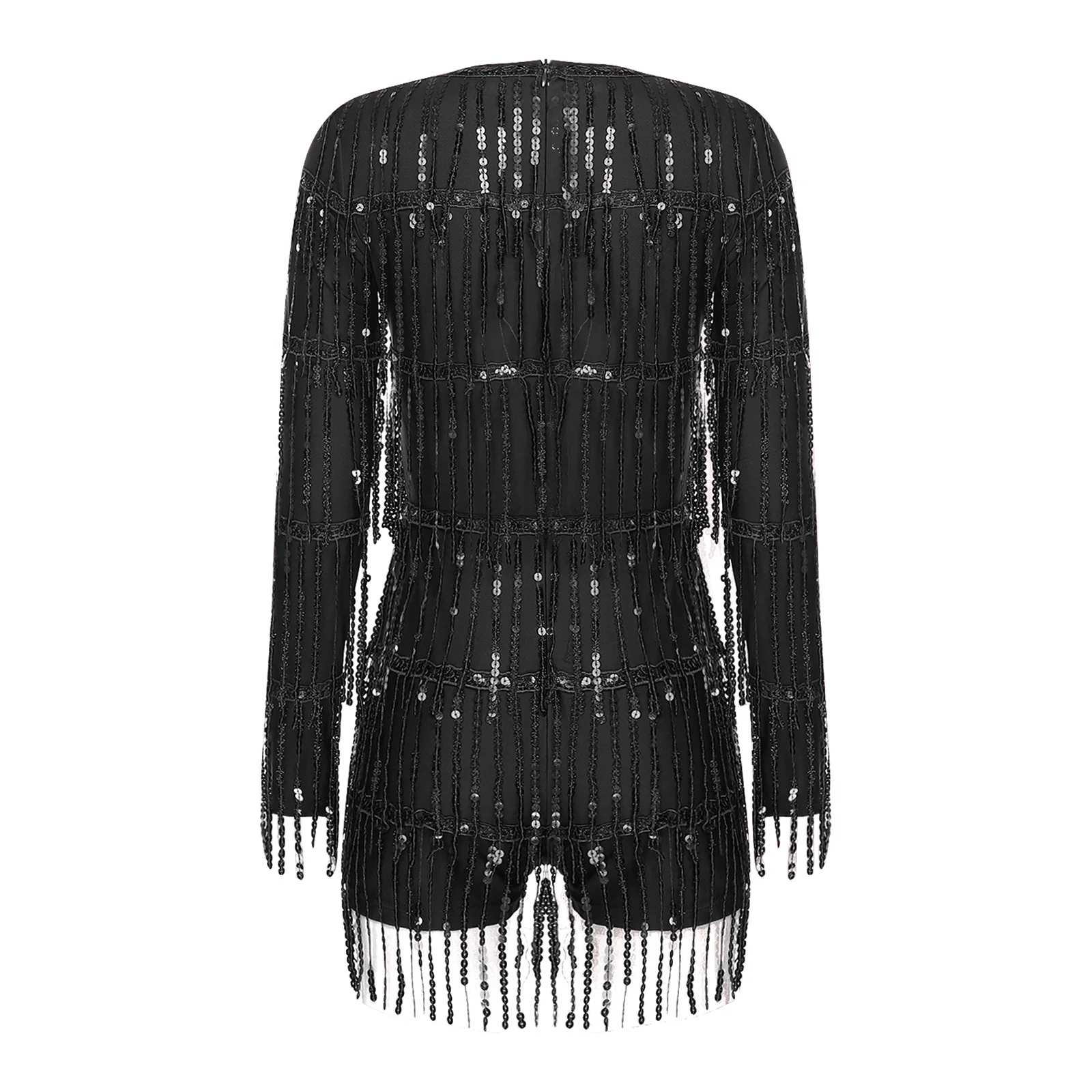 Damesmode glanzende jazz tango latin dans bodysuit lange mouw gelaagde kwastje jumpsuit voor party raves podium tango danskleding