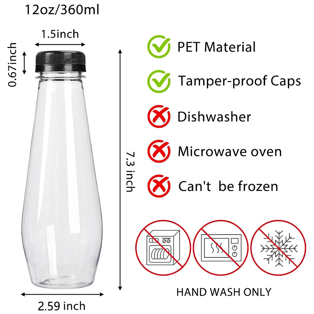 12Pcs 12oz Juice Bottles, Empty Plastic Juicing Bottles, Cone Reusable Clear Bulk Beverage Containers