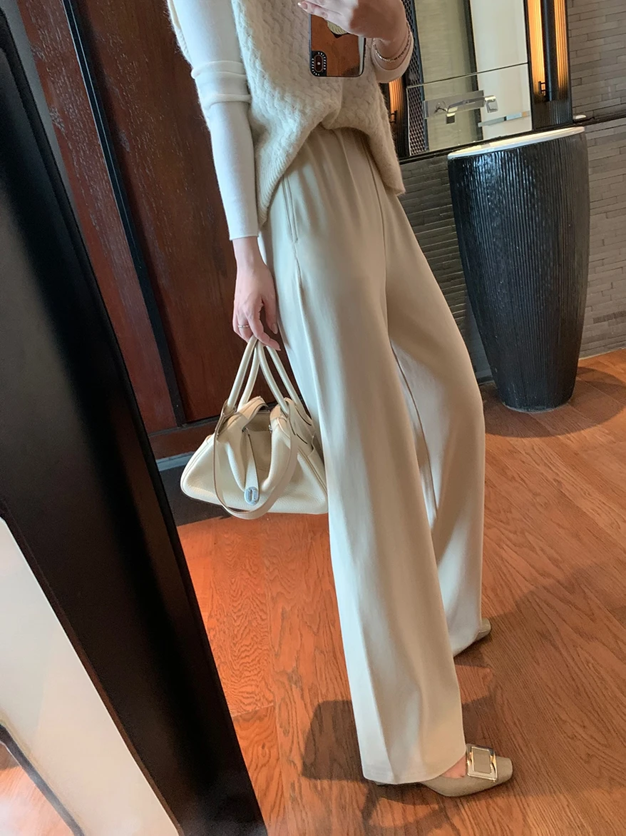 

DAJO'S Comfortable Elastic Waist Pants Autumn Winter Wide Leg Pants l Waist OL Sle Faionable Ladies Trousers