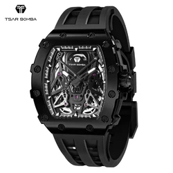 TSAR BOMBA Automatic Watches for Men Fashion Tonneau Mechanical Clock Waterproof Luxury Luminous Skeleton Mens WristWatch