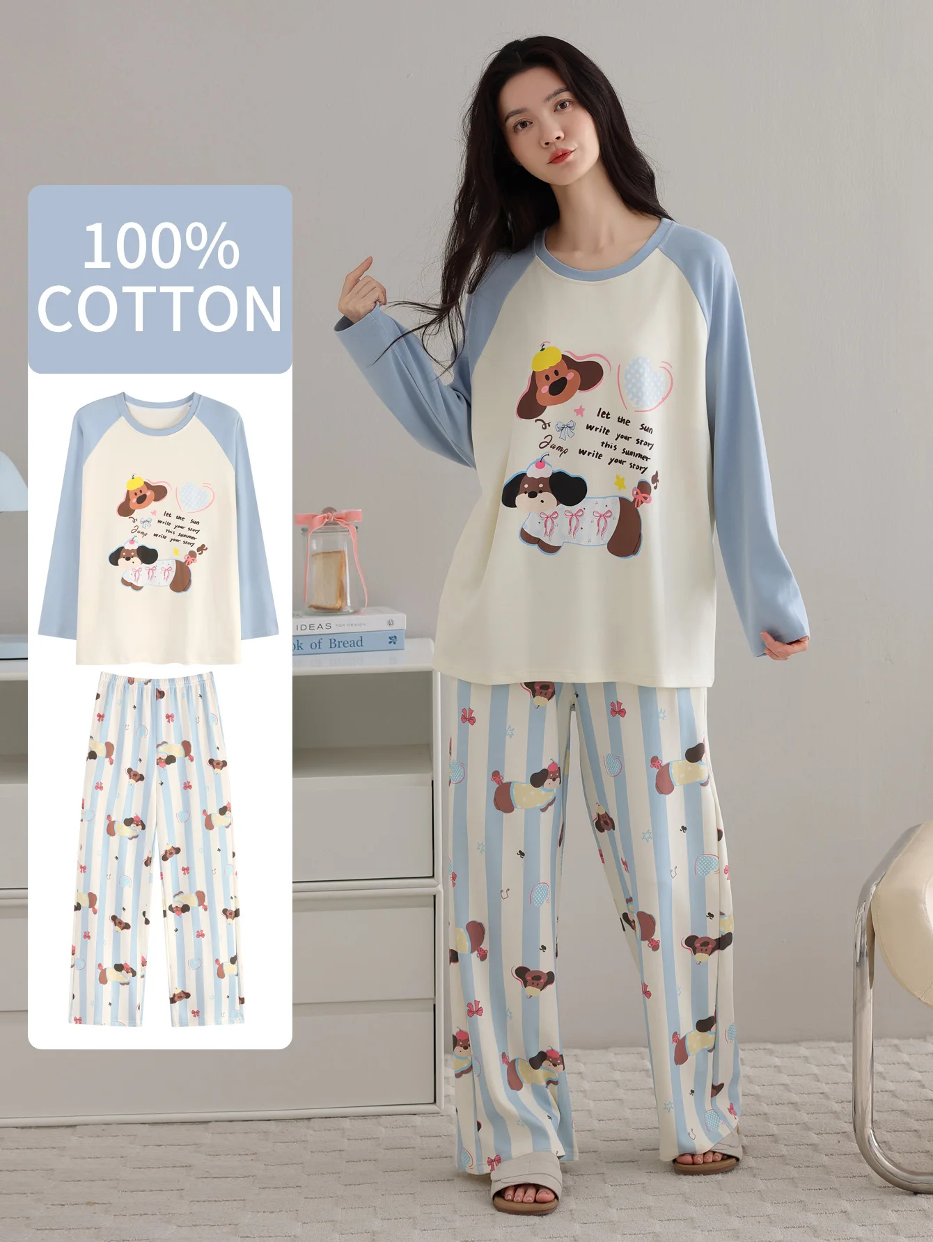 ملابس نوم من القطن الخالص 100% مع وسادة صدر، سراويل نسائية للخريف والشتاء بأكمام طويلة، ملابس نوم نسائية مقاس كبير من القطن الخالص #2