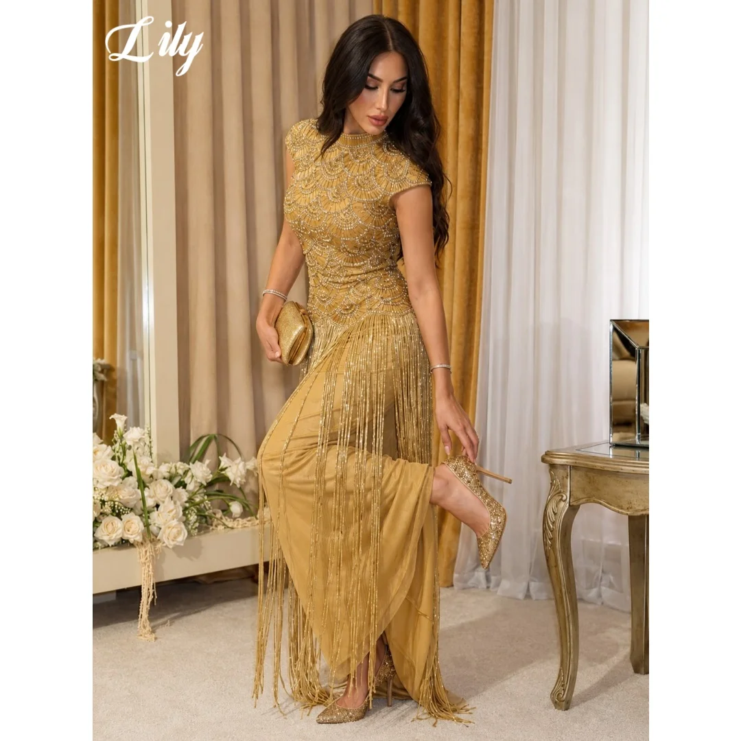 Lily Luxury Beaded Tassel Prom Dress Golden High Neck Evening Gown With Handmade Rhinestone Beaded Fringe Party Dress Customized