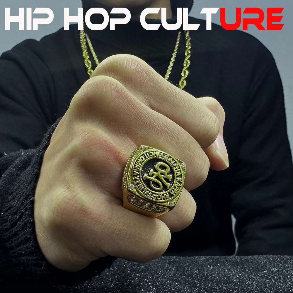 New men's 18K gold-plated ring, hand carved letters, luxurious diamond inlay, suitable for hip-hop, rap, and street gangs