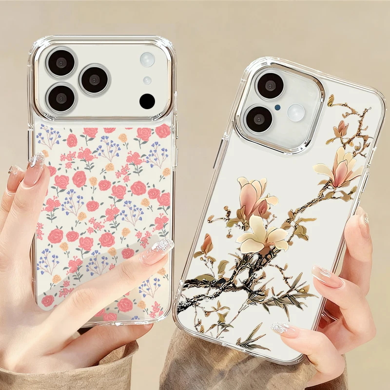 Funda Floral INS para iPhone 17 Pro Max, iPhone 16, 15, 14, 13 Pro Max, 11, 17e, 16e, Marco de Lente Plateado, Cubierta Trasera de Silicona Suave Transparente