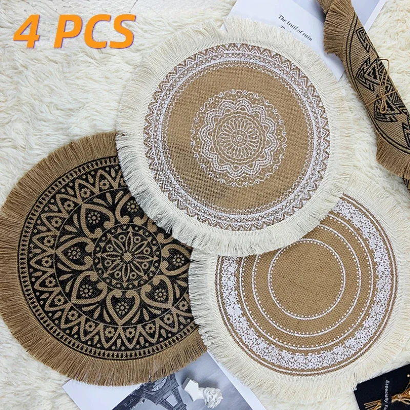 

4 PCS Round Placemats with Tassels Boho Linen Table Mat Non-Slip Heat Insulation Cup Coaster Kitchen Placemat for Dining Table