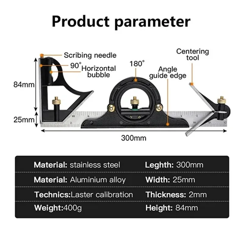 Square Right Angle Ruler Protractor Movable Square Woodworking Angle Ruler Stainless Steel Measuring Tools Multi Combination Set