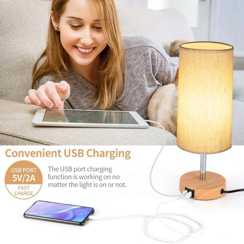 Beside Table Lamp For Bedroom Nightstand - 3 Way Dimmable Touch Lamp USB C Charging Ports And AC Outlet