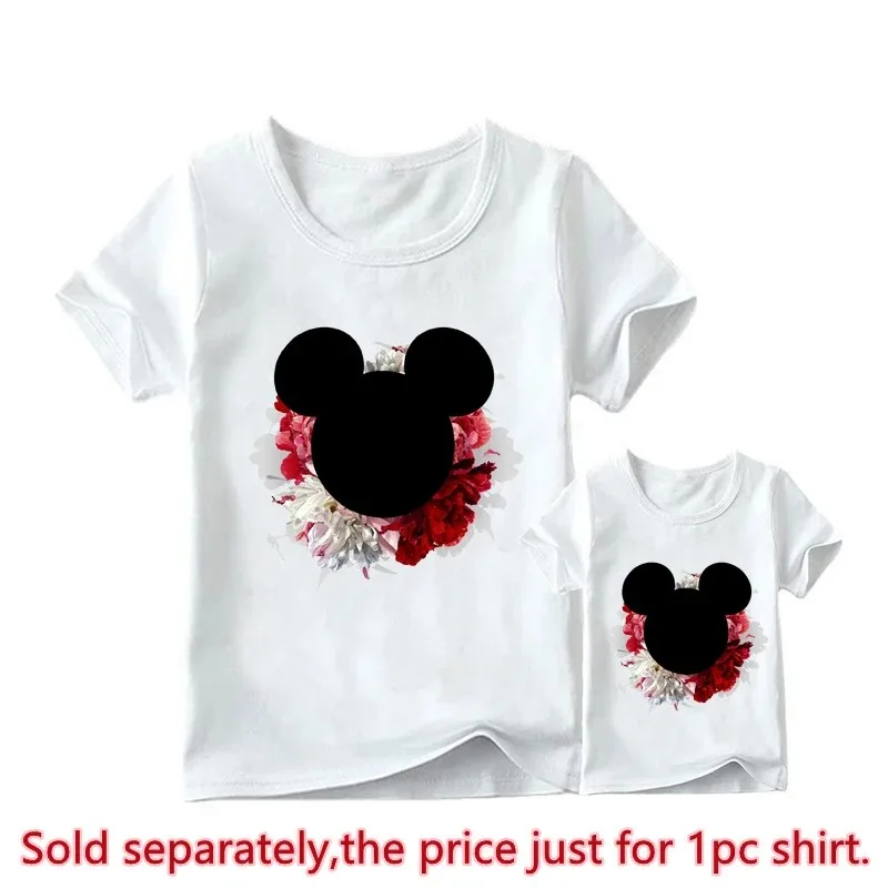 New Leopard Minnie Mouse Print Kawai Mother Kids Family Matching Outfits Disney Tops White Short Sleeve Mom and Daughter Clothes