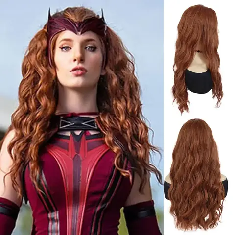 Synthetic Red Long Hair Scarlet Witch Wanda Maximoff Cosplay Wigs for Women Middle Part Wig Curly Wavy Wig Natural Looking Party