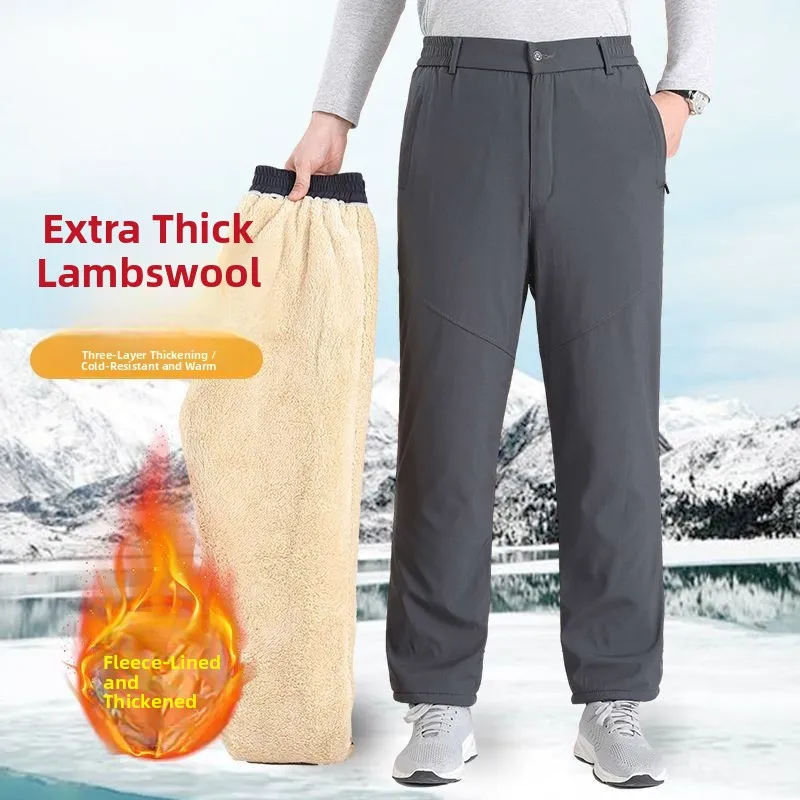

Men's Winter Thiened Outerwear Cotton Pants Lamb Velvet plus Size Warm Trousers Windproof Casual Thi Cotton Trousers