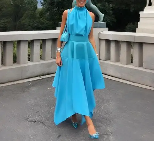 

2025 Summer New Fashionable and Elegant Solid Color Sleeveless High Neck Hanging Neck Naked Waist Dress