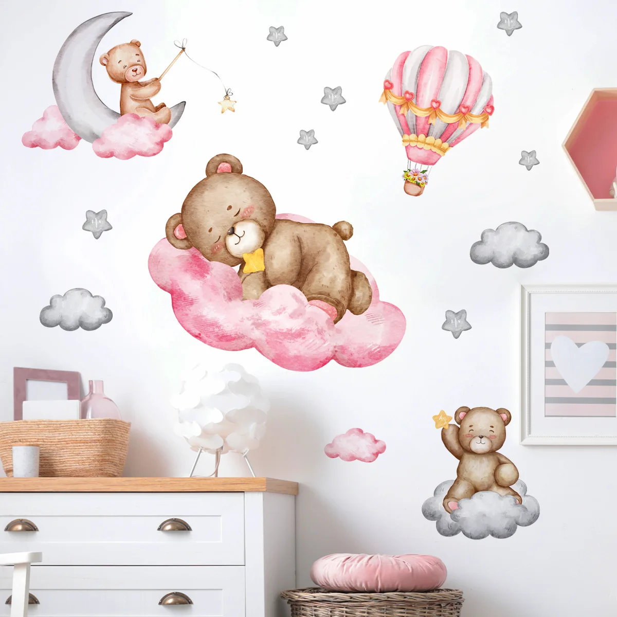 30*90cm Cartoon Animal Bear Hot Air Balloon Wall Sticker Children's Room Living Room Bedroom Study Decorative Mural Wall Sticker