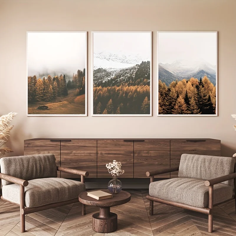（NoFranme 3PCS）-3pcs Modern Autumn Mountain Forest Landscape Canvas Painting, Farm Poster And Prints Farmhouse Wall Art, Livi