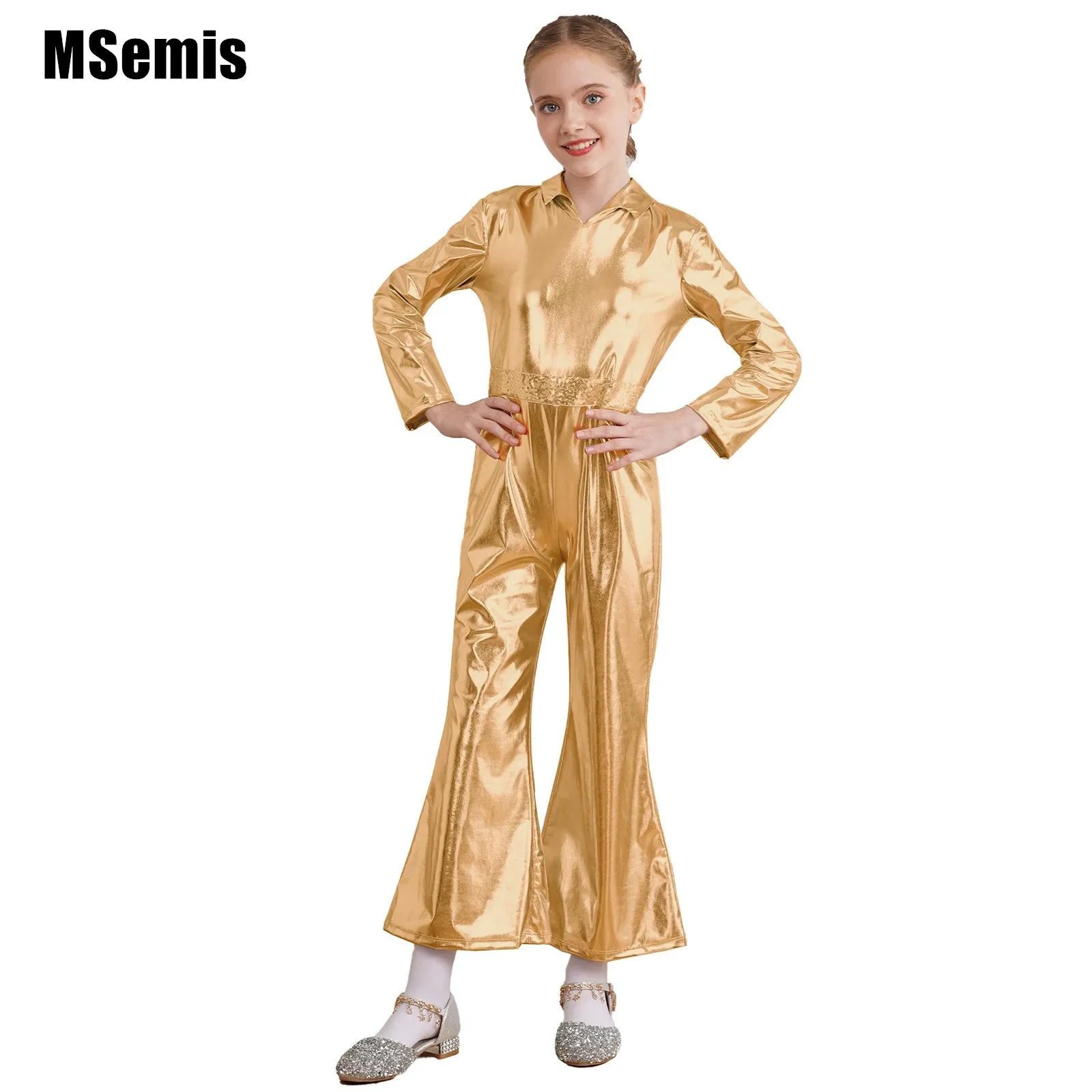 

Kids Boys Girls Disco Dance Jumpsuit Metallic Shiny Bell-Bottomed Leotard Halloween Role Play Stage Performance Costume